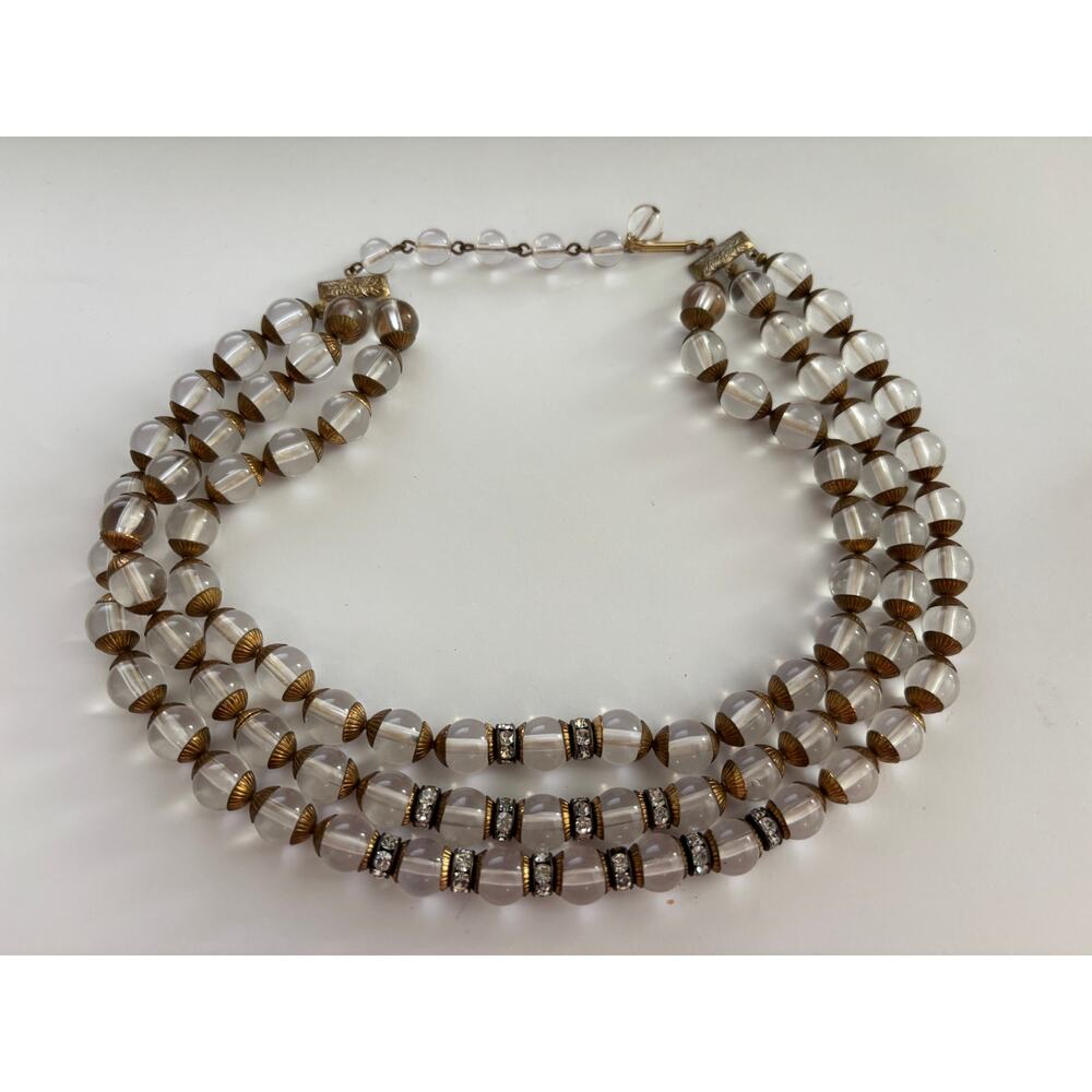 Vintage Clear Lucite Beaded Collar Necklace Triple Strand